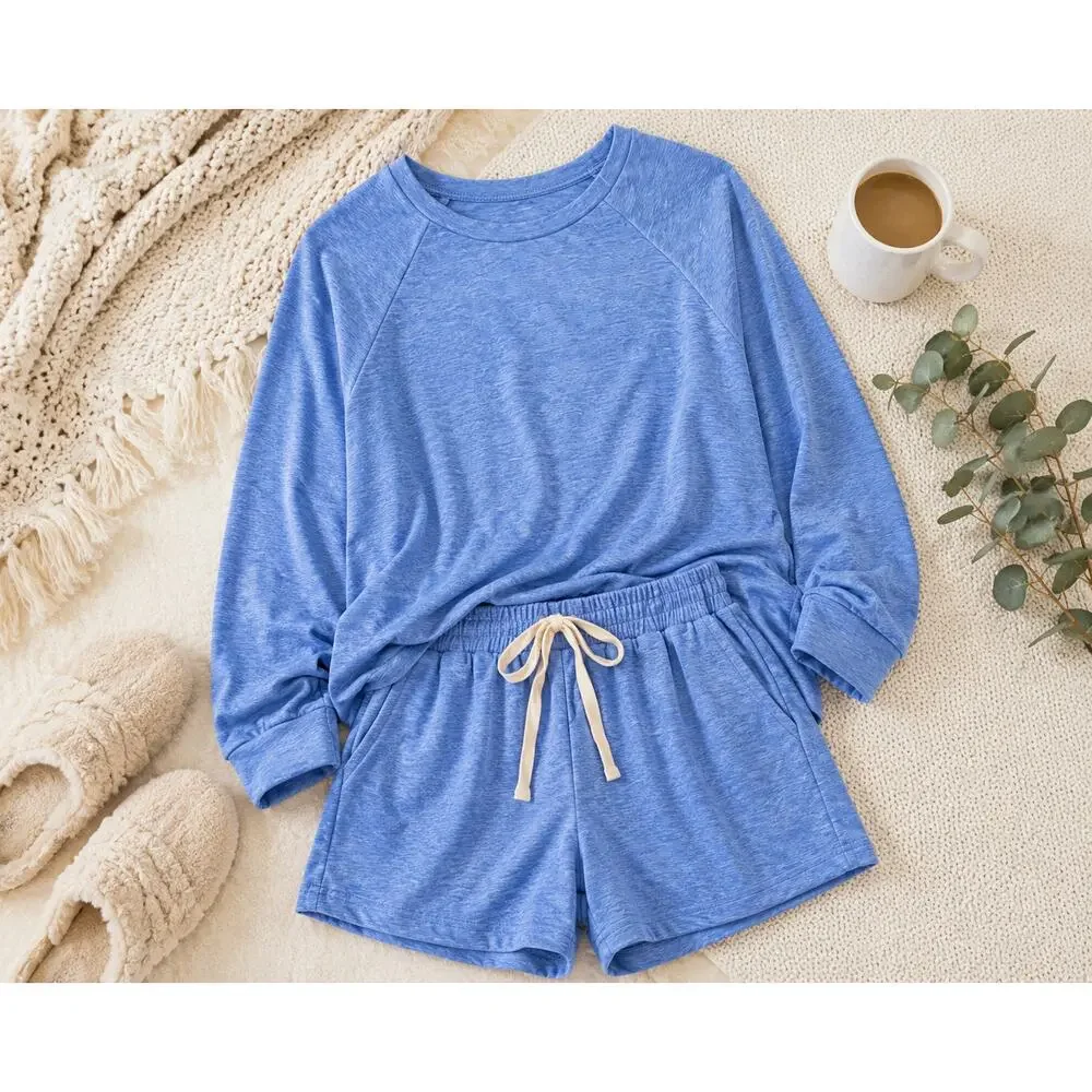 Women’s Blue 2 Piece Lounge Set Long Sleeve Top Drawstring Shorts Cozy